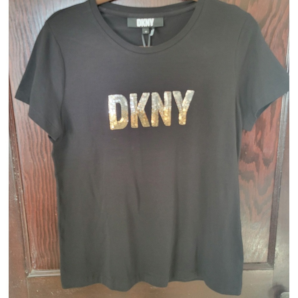 DKNY Women T-Shirt Black Sequined Shiny Short Sleeve NWT Size Medium Casual Logo